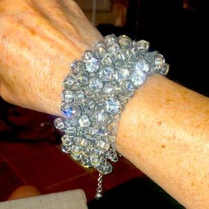 📿🩶Vintage Silver Tone Adjustable Chain Link Bracelet W/Rhinestones 9” X 2.5”